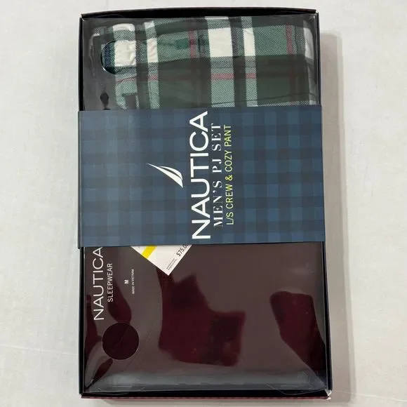 Nautica NWB Sz M Men's PJ Set Maroon/Green Multi Crew Neck Cozy Pants - Picture 4 of 12